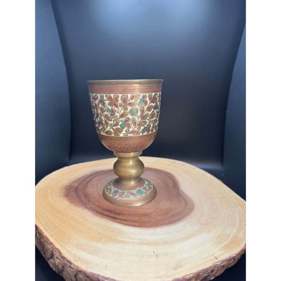 Vintage brass Pedestal Display Cup Etched with Enamel Floral Design - Picture 10 of 10